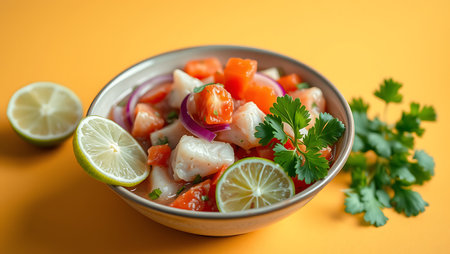 Ceviche, a Peruvian dish, features raw fish marinated in citrus juice with onions, cilantro, and chili peppersの素材
