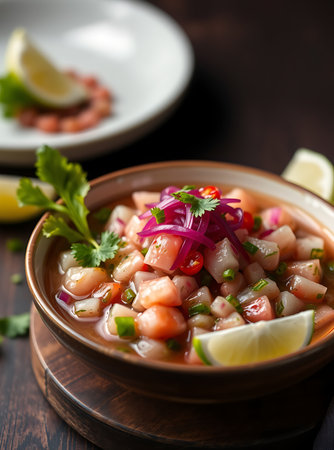 Ceviche, a Peruvian dish, features raw fish marinated in citrus juice with onions, cilantro, and chili peppersの素材