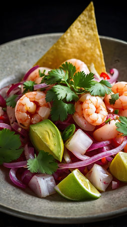 Ceviche, a Peruvian dish, features raw fish marinated in citrus juice with onions, cilantro, and chili peppersの素材