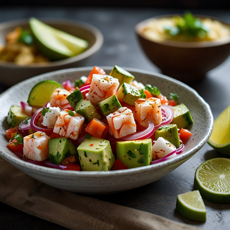 Ceviche, a Peruvian dish, features raw fish marinated in citrus juice with onions, cilantro, and chili peppersの素材