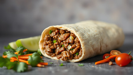 Traditional Mexican food, Beef burritos with meat and beans with vegetableの素材