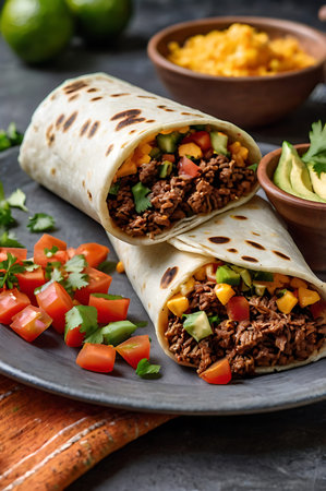 Traditional Mexican food, Beef burritos with meat and beans with vegetableの素材