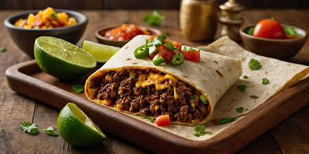 Traditional Mexican food, Beef burritos with meat and beans with vegetableの素材