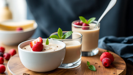 Vegan chocolate mousse with mint, bar of chocolate and cocoa beansの素材