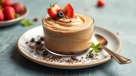 Vegan chocolate mousse with mint, bar of chocolate and cocoa beansの素材