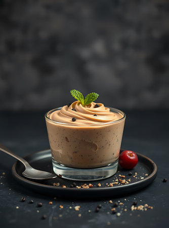 Vegan chocolate mousse with mint, bar of chocolate and cocoa beansの素材
