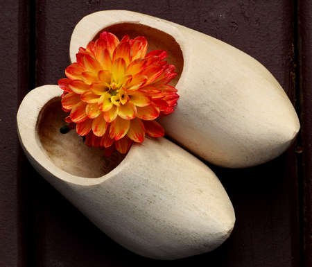Dutch shoes with Oak leaves and a yellow Dahlia flower on stone background with copy space.の写真素材