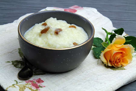 Rice Kheer or rice pudding in a bowl with copy spaceの写真素材