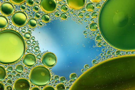 Oil in water abstract circles on a colorful green background
