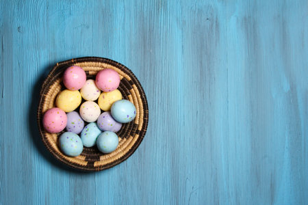 Top view of a backet of colored Easter candy with copy space on a blue background