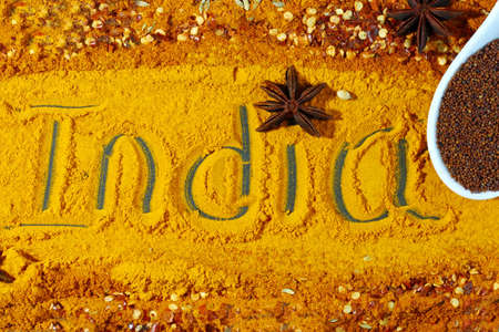 A board with turmeric and red chili powder, other spices like, anise star, methi seeds, nigella seedss, mustard seeds and text India, top view.の写真素材