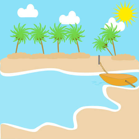 A scenic landscape with a beach, ocean, sky, clouds, boat, Umbrella and beach toysのイラスト素材