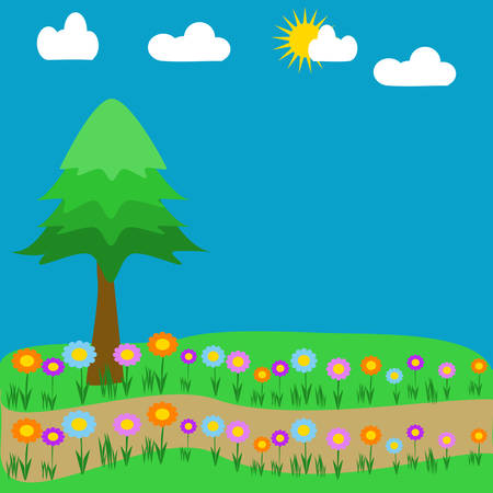 A meadow of flowers with a pine tree and sky and cloudsのイラスト素材