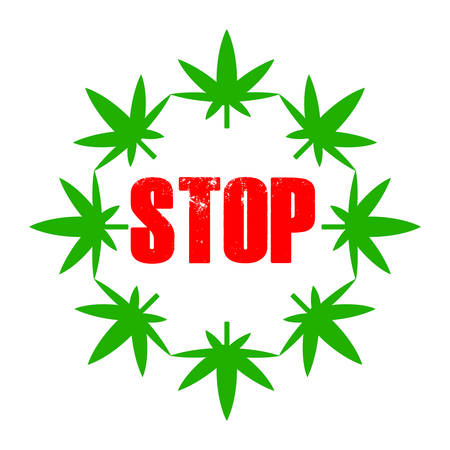 Marijuana leaves in a circle with a red stop text.のイラスト素材