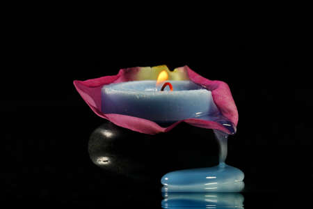 Lighted blue candles on Rose petals and black pebblesの写真素材