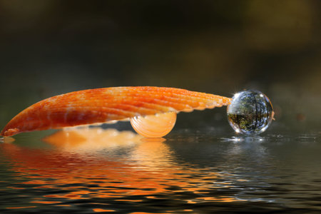 Reflective balls with reflection of trees and a sea shell