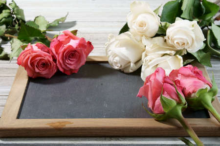Pink and white Roses on a grey slate with copy space for a message.の写真素材