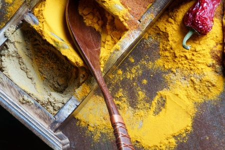 Close up of Indian spices of Turmeric powder, coriander powder and chili powder in  a wooden box with a spoon.の写真素材