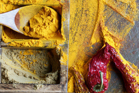 Close up of Indian spices of Turmeric powder, coriander powder and chili powder in  a wooden box...