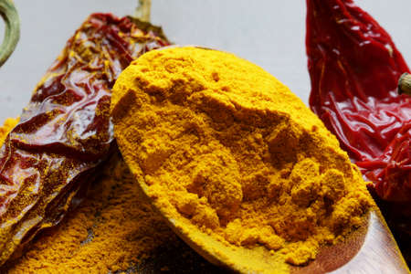 Close up of Indian spiceTurmeric powder in a spoon.の写真素材