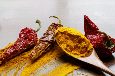 Close up of Indian spiceTurmeric powder in a spoon.