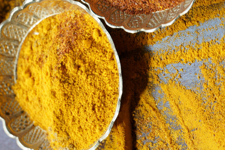 Close up of Indian spices, Turmeric powder