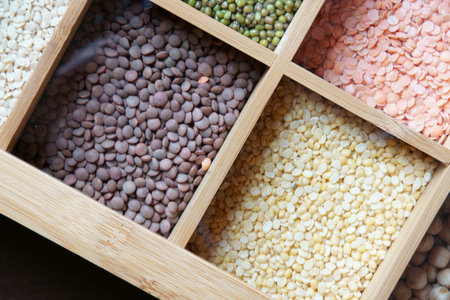 A box of different kinds of lentils, a great source of proteinの写真素材