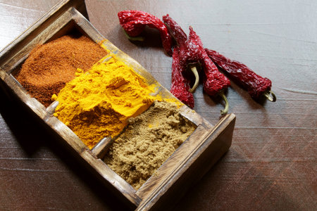 Close up of Indian spices of Turmeric powder, coriander powder and chili powder in  a wooden box with a spoon.の写真素材
