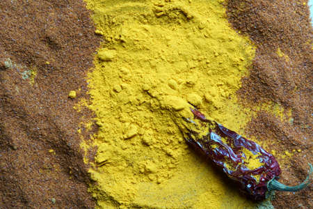 Close up of Indian spices of Turmeric powder, coriander powder and chili powder background.の写真素材