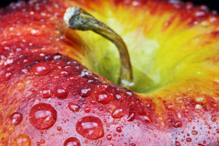 A close up of a red delicious Apple with water dropsの写真素材