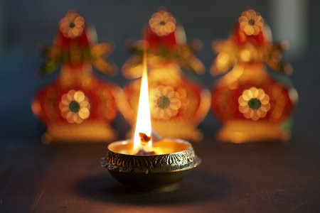 Metal Diyas lit up for the Indian Hindu festival of Diwali, the festival of lights.