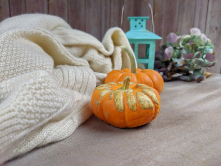 Top down view of Pumkins and swaeter and a candleの写真素材