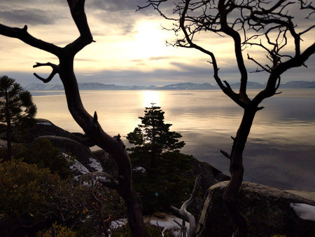 Scenic overlook of Memorial Point , Lake Tahoe Nevada with Trees and Rocks.の写真素材