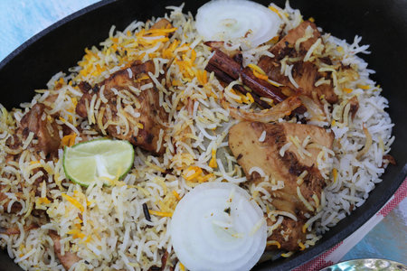 Meatless Biryani made of Jackfruit or Kathal, a delicacy for the vegetarian in a cast iron dish.の写真素材