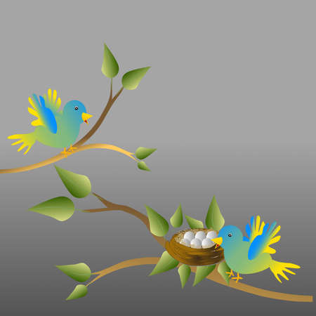 Bird with a worm perched on a tree with nest with Eggs .のイラスト素材