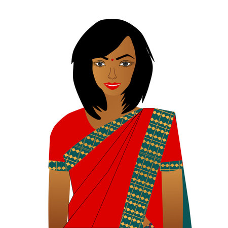 Indian woman wearing an Indian garnent sari, isolated on white background.