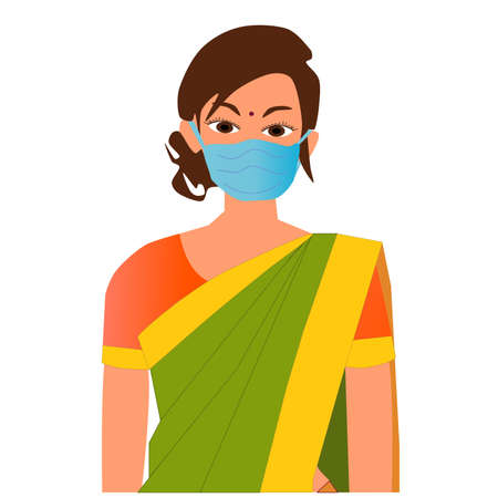 Masked Indian Woman wearing a mask and Sari during Covid 19 Pandemic.のイラスト素材