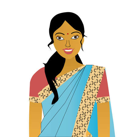 Indian woman wearing an Indian garment sari, isolated on white background.のイラスト素材