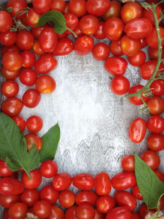 Cherry tomatoes with Roma Tomatoes on a wooden white background with copy space.の写真素材
