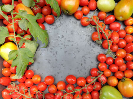Cherry tomatoes with Roma Tomatoes on a grey background with copy space.の写真素材