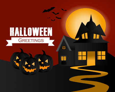 Halloween background with full moon, pumpkins and trees stock illustrationのイラスト素材