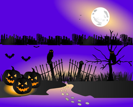 Halloween background with pumpkins, Graves, full moon, and bats stock illustrationのイラスト素材