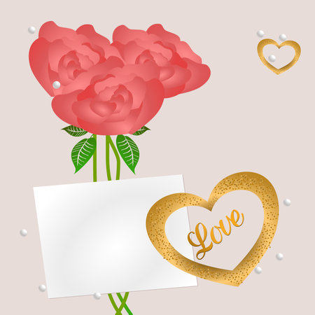 Roses with hearts card with text Love.のイラスト素材