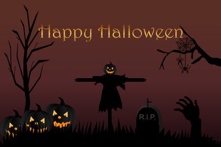 Halloween background with scarecrow, pumpkins and graveyard, stock illustrationのイラスト素材