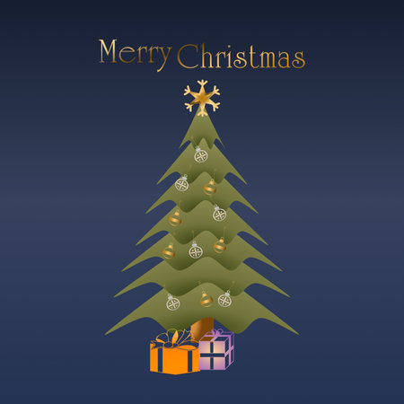 Merry Christmas greetings with Christmas tree in navy blue and goldのイラスト素材