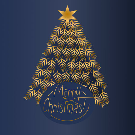 Merry Christmas greetings with Christmas tree in navy blue and goldのイラスト素材