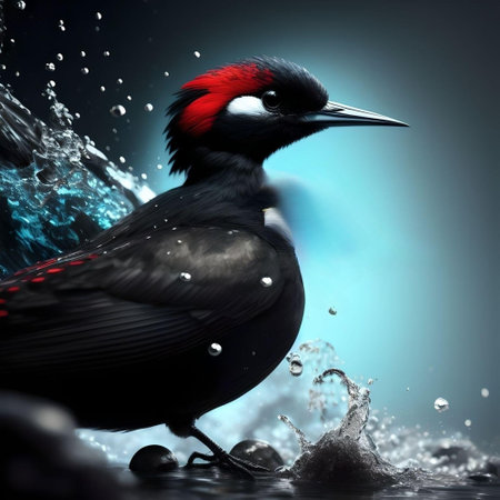 Black woodpecker with water drops on a black background. 3d renderingの素材
