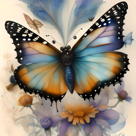 Butterfly and flowers on abstract background. 3d illustration.の素材