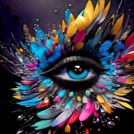 Beautiful woman's eye with multicolored feathers on black backgroundの素材
