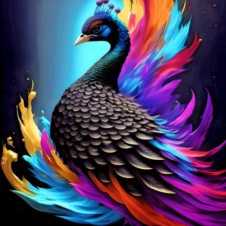 Colorful peacock painting on a black background. Digital painting.の素材